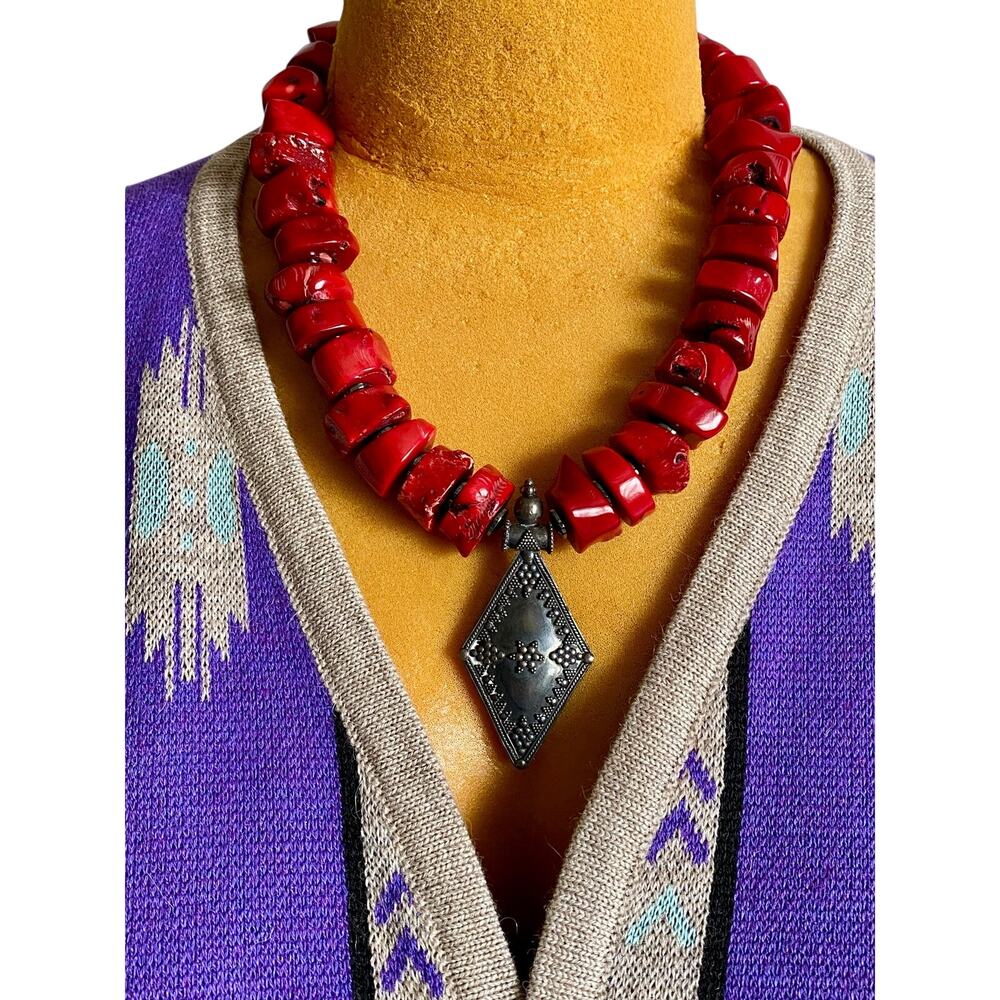 Chunky Red Coral Statement Necklace Sterling Silver Pendant 20” 10.3oz‎